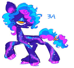 Size: 1531x1405 | Tagged: safe, artist:peaceandlove26, oc, oc only, unnamed oc, earth pony, pony, 2021, ambiguous gender, blank flank, blue eyeshadow, blue text, coat markings, colored hooves, colored pinnae, colored pupils, curly mane, curly tail, earth pony oc, eyeshadow, freckles, frown, hooves, leg markings, makeup, no catchlights, old art, pink hooves, profile, purple coat, raised hoof, shiny hooves, simple background, standing on three hooves, tail, tail tie, three toned mane, three toned tail, tied tail, white background, yellow eyes, yellow pupils