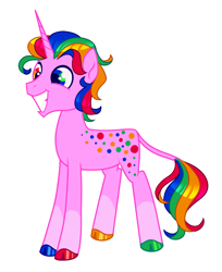 Size: 1179x1448 | Tagged: safe, artist:peaceandlove26, oc, oc only, oc:polka palooza, pony, unicorn, 2021, blank flank, cloven hooves, coat markings, colored hooves, heterochromia, hooves, horn, leg markings, leonine tail, long legs, mismatched hooves, multicolored eyes, multicolored hair, multicolored hooves, multicolored mane, old art, pink coat, rainbow hair, rainbow tail, shiny hooves, shiny mane, shiny tail, show accurate, simple background, smiling, socks (coat markings), solo, spots, tail, thin, three quarter view, unicorn horn, unicorn oc, white background