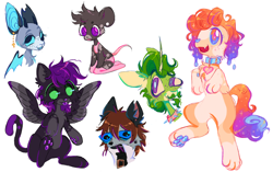 Size: 2908x1828 | Tagged: safe, artist:peaceandlove26, oc, oc only, oc:lilydressa, oc:ruckus "james", ambiguous species, cat, dog, pony, rodent, unicorn, 2021, beard, bust, colored eyebrows, colored muzzle, colored pinnae, colored sclera, curved horn, ear fluff, eyebrows, facial hair, facial markings, floating eyebrows, floating eyes, furry, fursona, green coat, green mane, group, horn, long horn, male, mealy mouth (coat marking), moustache, non-mlp oc, non-pony oc, old art, pale muzzle, ponysona, purple eyes, raised eyebrow, shiny mane, simple background, smiling, two toned horn, unicorn oc, white background, white pupils, winged cat, yellow sclera