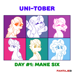 Size: 1080x1080 | Tagged: safe, artist:fantaje3, hitch trailblazer, izzy moonbow, misty brightdawn, pipp petals, sunny starscout, zipp storm, earth pony, pegasus, unicorn, g5, female, group, horn, implied shipping, implied stormblazer, implied straight, male, mane five, mane six (g5), mare, simple background, smiling, stallion, sunny's bag, text, unitober 2024