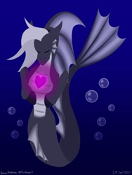 Size: 1536x2048 | Tagged: safe, artist:rockhoppr3, oc, oc only, oc:ace hearts, siren, rainbow rocks 10th anniversary, bubble, crepuscular rays, dorsal fin, eyes closed, fin, fin ears, fins, fish tail, flowing mane, flowing tail, gem, gradient background, ocean, scales, sirenified, solo, species swap, sunlight, swimming, tail, underwater, water