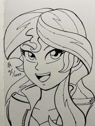 Size: 720x960 | Tagged: safe, artist:mayorlight, sunset shimmer, human, equestria girls, g4, female, ink drawing, inktober 2024, monochrome, open mouth, open smile, smiling, solo, traditional art