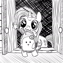 Size: 1920x1920 | Tagged: safe, artist:_butterscotch, derpibooru exclusive, trixie, pony, unicorn, g4, backpack, black and white, crosshatch, grayscale, horn, inktober, inktober 2024, magic wand, monochrome, solo, to saddlebags and back again, trixie's wagon, wagon