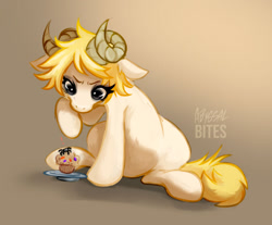 Size: 1280x1059 | Tagged: safe, artist:abyssalbites, oc, oc only, pony, spider, food, gradient background, horns, muffin, ram horns, sitting, solo