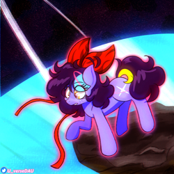 Size: 3070x3070 | Tagged: safe, artist:juniverse, oc, oc only, oc:juniverse, earth pony, pony, about to fall, looking down, planet, ribbon, solo, space, space pony, universe daughter, uranus