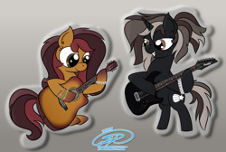 Size: 8448x5688 | Tagged: safe, artist:iamaveryrealperson, oc, oc only, oc:dusk crescendo, oc:maple chord, earth pony, pony, unicorn, rainbow rocks 10th anniversary, bracelet, closed mouth, colored, date (time), drop shadow, duo, earth pony oc, electric guitar, eyelashes, female, gradient background, gradient hooves, guitar, horn, ibanez, jewelry, lesbian, looking down, mare, multicolored hair, multicolored mane, multicolored tail, musical instrument, oc x oc, ponified, shipping, signature, sitting, smiling, standing, tail, teeth, trans female, transgender, transgender oc, unicorn horn, unicorn oc, watermark