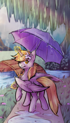 Size: 1140x2000 | Tagged: safe, artist:lonerdemiurge_nail, derpy hooves, alicorn, pony, g4, alicornified, bridge, derpicorn, flower, flower in hair, levitation, looking at you, looking back, looking back at you, magic, outdoors, race swap, rain, solo, telekinesis, umbrella, wings