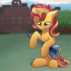 Size: 2048x2048 | Tagged: safe, artist:luther, sunset shimmer, pony, unicorn, rainbow rocks 10th anniversary, g4, guitar, horn, musical instrument, outdoors, sitting, solo