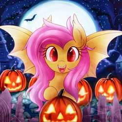 Size: 2048x2048 | Tagged: safe, artist:fluttershyanne, fluttershy, bat, bat pony, pony, g4, bat ponified, cute, female, fence, flutterbat, full moon, halloween, high res, holiday, jack-o-lantern, mare, moon, open mouth, open smile, outdoors, pumpkin, race swap, shyabates, shyabetes, smiling, solo