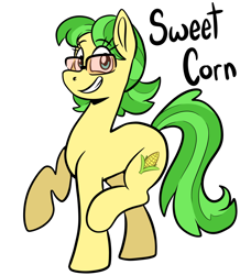 Size: 1618x1778 | Tagged: safe, artist:smirk, oc, oc only, oc:sweet corn, pony, glasses, offspring, parent:caramel, parent:ms. peachbottom, simple background, smiling, solo, white background