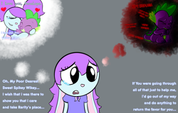 Size: 1710x1096 | Tagged: safe, artist:keinth2990, spike, oc, oc:penelope, dragon, rabbit, g4, animal, crying, dialogue, heart, hug, implied rarity, insult, love, pibby, sad, shipping, text, thought bubble, true love