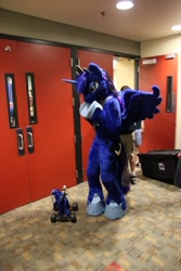 Size: 640x960 | Tagged: safe, artist:atalonthedeer, princess luna, alicorn, robot, g4, fursuit, indoors, irl, photo, ponysuit, solo, spread wings, wings