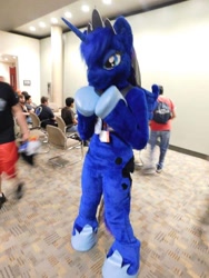 Size: 720x960 | Tagged: safe, artist:atalonthedeer, princess luna, alicorn, human, g4, convention, fursuit, indoors, irl, irl human, photo, ponysuit, solo focus