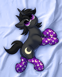 Size: 1600x2000 | Tagged: safe, artist:leopardsnaps, oc, oc only, unicorn, bed, blaze (coat marking), clothes, coat markings, facial markings, horn, looking at you, lying down, male, on side, smiling, smirk, socks, solo, stallion, stallion oc, unicorn oc