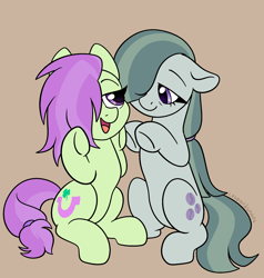 Size: 2000x2100 | Tagged: safe, artist:leopardsnaps, marble pie, oc, oc:lavender charm, earth pony, pony, g4, alternate hairstyle, brown background, cute, duo, earth pony oc, female, floppy ears, high res, looking at each other, looking at someone, mare, mother and child, mother and daughter, offspring, older, older marble pie, open mouth, parent:marble pie, parent:trouble shoes, parents:marbleshoes, ponytail, raised hooves, simple background, smiling, smiling at each other, tail, tied tail