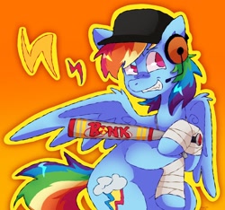 Size: 2748x2574 | Tagged: safe, artist:dragonite1128, rainbow dash, pegasus, pony, g4, bandage, baseball bat, bonk, cap, female, gradient background, hat, headset mic, high res, mare, outline, rainbow scout, scout (tf2), smiling, solo, team fortress 2, wings