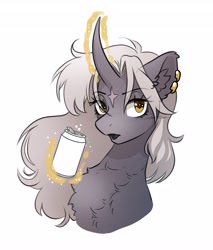 Size: 3489x4096 | Tagged: safe, artist:opalacorn, oc, oc only, pony, unicorn, chest fluff, coat markings, curved horn, drink, ear fluff, ear piercing, earring, facial markings, female, glowing, glowing horn, horn, jewelry, levitation, looking at you, magic, mare, piercing, simple background, soda can, solo, star (coat marking), telekinesis, white background