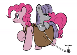 Size: 1800x1298 | Tagged: safe, artist:opalacorn, boulder (g4), maud pie, pinkie pie, earth pony, pony, g4, bag, duo focus, female, mare, pie sisters, saddle bag, siblings, simple background, sisters, trio, white background