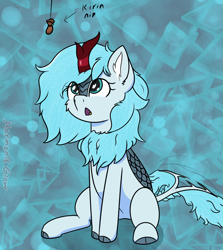 Size: 1240x1393 | Tagged: safe, artist:harmonicglow, oc, oc only, oc:frost flare, kirin, abstract background, female, kirin oc, looking up, mare, sitting, solo, tail, tail wag