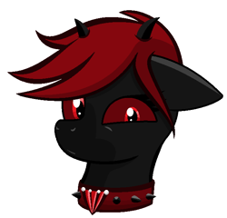 Size: 646x621 | Tagged: safe, artist:mashee, oc, oc only, demon, demon pony, devil, pony, black coat, bust, choker, ears back, female, horns, paint, portrait, red eyes, red hair, simple background, solo, white background