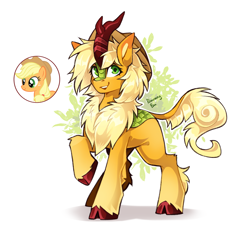 Size: 2665x2477 | Tagged: safe, artist:buvanybu, applejack, kirin, pony, g4, cloven hooves, cowboy hat, cute, female, hat, jackabetes, kirin applejack, kirin-ified, kirinbetes, mare, raised hoof, simple background, solo, species swap, unshorn fetlocks, white background