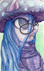 Size: 1451x2333 | Tagged: safe, artist:buttercupsaiyan, oc, oc only, oc:jellycap, pony, clothes, female, glasses, hypnosis, long hair, mushroom, open mouth, purple, solo, sweater, swirly eyes, traditional art, turtleneck