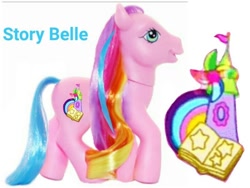 Size: 736x552 | Tagged: safe, artist:ciliare, storybelle, earth pony, pony, g3, book, character name, customized toy, cutie mark, edited photo, female, name, not a real product, open mouth, open smile, pinterest, raised leg, simple background, smiling, toy, walking, white background