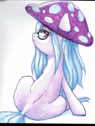 Size: 1930x2537 | Tagged: safe, artist:buttercupsaiyan, oc, oc only, oc:jellycap, pony, female, glasses, mare, marker, mushroom, purple, sitting, solo, traditional art