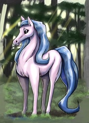 Size: 1859x2574 | Tagged: safe, artist:buttercupsaiyan, oc, horse, blue mane, cute, digital art, equine, female, forest, nature, outdoors, pink, solo, tree