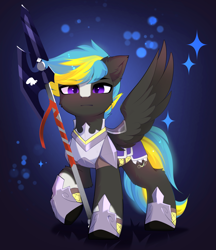 Size: 4167x4829 | Tagged: safe, artist:empress-twilight, oc, oc only, oc:tornado turbulence, pegasus, pony, armor, cheek fluff, commission, ear fluff, eye clipping through hair, eyebrows, eyebrows visible through hair, looking at you, male, pegasus oc, raised hoof, solo, sparkles, spread wings, stallion, tail, wings, ych result