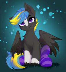 Size: 3811x4155 | Tagged: safe, artist:empress-twilight, oc, oc only, oc:tornado turbulence, pegasus, pony, cheek fluff, chest fluff, clothes, commission, ear fluff, eye clipping through hair, eyebrows, eyebrows visible through hair, looking at you, male, partially open wings, pegasus oc, sitting, smiling, smiling at you, socks, solo, sparkles, stallion, striped socks, tail, unshorn fetlocks, wings, ych result