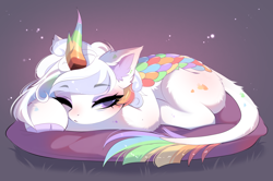 Size: 3982x2640 | Tagged: safe, artist:empress-twilight, oc, oc only, oc:cloudy canvas, kirin, cloven hooves, commission, ear fluff, eyebrows, eyebrows visible through hair, female, horn, kirin oc, leonine tail, lying down, one eye closed, pillow, solo, tail, unshorn fetlocks, ych result