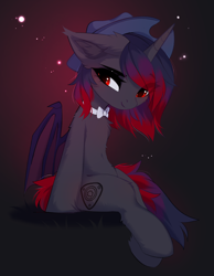 Size: 2722x3512 | Tagged: safe, artist:empress-twilight, oc, oc only, oc:nocturnal, alicorn, bat pony, bat pony alicorn, pony, bat pony alicorn oc, bat wings, belly, belly button, blushing, bowtie, cheek fluff, chest fluff, commission, ear fluff, ear tufts, eye clipping through hair, eyebrows, eyebrows visible through hair, hat, horn, male, necktie, partially open wings, sitting, smiling, solo, stallion, tail, wings, ych result