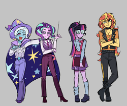 Size: 2742x2299 | Tagged: safe, artist:cranialgrind, sci-twi, starlight glimmer, sunset shimmer, trixie, twilight sparkle, human, equestria girls, g4, belt, black pants, blue blush, blue socks, blush scribble, blushing, book, boots, bowtie, brooch, button-up shirt, cape, choker, clothes, collared shirt, colored eyebrows, crossed arms, cute, cute little fangs, cutie mark on clothes, denim, dot eyes, dress pants, dress shirt, ear piercing, earring, eyebrows, eyebrows visible through hair, eyelashes, facing you, fangs, female, frown, full body, glasses, gray background, group, hair tie, hand on chest, hat, height difference, high heels, holding, humanized, jacket, jeans, jewelry, knee blush, kneesocks, leather, leather boots, leather jacket, loafers, long hair, looking at someone, looking at you, narrowed eyes, necklace, necktie, no catchlights, one eye closed, open mouth, open smile, pants, physique difference, piercing, pleated skirt, ponytail, purple skirt, quartet, raised arm, ruffled shirt, shirt, shoes, short hair, short hair trixie, simple background, skirt, slender, smiling, smiling at someone, smiling at you, socks, spiked wristband, standing, straight hair, sweater vest, thin, three toned hair, tied hair, trixie's brooch, trixie's cape, trixie's hat, two toned hair, white shirt, wink, wristband