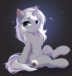 Size: 3544x3709 | Tagged: safe, artist:empress-twilight, oc, oc only, oc:frozen raine, pony, unicorn, belly, belly button, cheek fluff, chest fluff, commission, ear fluff, eye clipping through hair, eyebrows, eyebrows visible through hair, female, horn, leg fluff, looking at you, mare, sitting, smiling, smiling at you, solo, tail, unicorn oc, ych result