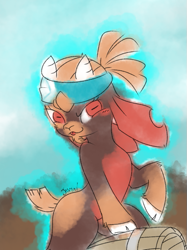 Size: 523x700 | Tagged: safe, artist:jhonnyul, shanty (tfh), goat, them's fightin' herds, bandana, barrel, blushing, cloven hooves, community related, female, raised hoof, rectangular pupil, solo, tongue out