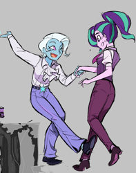 Size: 1875x2383 | Tagged: safe, artist:cranialgrind, starlight glimmer, trixie, human, g4, alternate eye color, blush lines, blushing, clothes, collared shirt, dancing, dress shoes, duo, duo female, fangs, female, gray background, hatless, holding hands, humanized, kicking, lesbian, looking at someone, looking down, missing accessory, necktie, nervous, no catchlights, one eye closed, open mouth, open smile, pink eyes, ponytail, raised hand, raised leg, ruffled shirt, ship:startrix, shipping, shirt, shoes, short hair, short hair trixie, simple background, smiling, standing, standing on one leg, sweat, sweater vest, tied hair, tomboy, two toned hair, wink