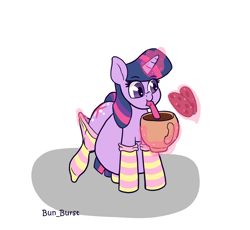 Size: 1350x1240 | Tagged: safe, artist:bun_burst, twilight sparkle, pony, unicorn, g4, belly, big belly, chocolate, chubby, clothes, cookie, drinking straw, fat, fat fetish, fetish, food, horn, hot chocolate, inflation, levitation, magic, mug, simple background, socks, striped socks, stuffed belly, stuffing, telekinesis, twilard sparkle, white background