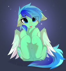 Size: 3621x3886 | Tagged: safe, artist:empress-twilight, oc, oc only, oc:jade breezeand, pegasus, pony, :p, belly, belly button, butt, cheek fluff, chest fluff, commission, cute, ear fluff, eye clipping through hair, eyebrows, eyebrows visible through hair, featureless crotch, female, floppy ears, hooves together, legs in air, looking at you, mare, ocbetes, pegasus oc, plot, smiling, smiling at you, solo, spread wings, tail, tongue out, underhoof, wings, ych result