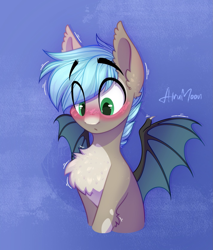 Size: 1423x1668 | Tagged: safe, artist:alrumoon_art, oc, oc only, oc:white phosphor, bat pony, pony, bat pony oc, blue background, blushing, chest fluff, cute, ear fluff, eye clipping through hair, male, solo, spread wings, stallion, wings