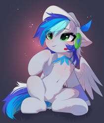 Size: 3056x3614 | Tagged: safe, artist:empress-twilight, oc, oc only, oc:fludiry, pegasus, pony, belly, belly button, blushing, cheek fluff, chest fluff, commission, ear fluff, eye clipping through hair, eyebrows, eyebrows visible through hair, female, hat, mare, one wing out, pegasus oc, smiling, solo, tail, underhoof, wings, ych result