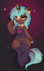 Size: 2855x4620 | Tagged: safe, artist:empress-twilight, oc, oc only, oc:zerphie, kirin, bedroom eyes, blushing, bow, bowtie, cheek fluff, chest fluff, clothes, cloven hooves, commission, ear fluff, eye clipping through hair, eyebrows, eyebrows visible through hair, female, horn, kirin oc, looking at you, necktie, panties, smiling, smiling at you, socks, solo, stockings, tail, tail bow, thigh highs, underwear, unshorn fetlocks, ych result