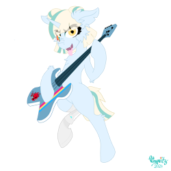 Size: 3072x3072 | Tagged: safe, artist:vinyvitz, derpibooru exclusive, oc, oc only, oc:aria taitava, robot, unicorn, rainbow rocks 10th anniversary, alternate hairstyle, amputee, bangs, bipedal, colored, cyberpunk, fangs, guitar, hair bun, horn, looking at you, makeup, musical instrument, prosthetic eye, prosthetic limb, prosthetics, robotic hoof, roboticization, signature, simple background, solo, standing, tongue out, transparent background