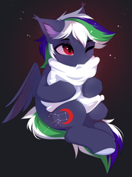 Size: 2705x3634 | Tagged: safe, artist:empress-twilight, oc, oc only, oc:meniscus penumbra, pegasus, pony, commission, ear fluff, ear tufts, fangs, female, hug, mare, one eye closed, partially open wings, pegasus oc, pillow, pillow hug, sitting, slit pupils, solo, tail, wings, ych result