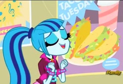 Size: 602x414 | Tagged: safe, screencap, sonata dusk, equestria girls, g4, my little pony equestria girls: rainbow rocks, blue eyeshadow, cute, eyeshadow, food, happy, makeup, sonatabetes, sonataco, taco, taco tuesday, that girl sure loves tacos, that siren sure does love tacos