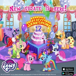 Size: 1080x1080 | Tagged: safe, gameloft, applejack, fluttershy, pinkie pie, rainbow dash, rarity, twilight sparkle, alicorn, earth pony, pegasus, pony, unicorn, g4, my little pony: magic princess, alternate hairstyle, anniversary, birthday cake, braid, cake, food, hat, horn, indoors, mane six, mlp fim's fourteenth anniversary, party hat, princess rarity, twilight sparkle (alicorn)