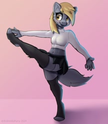 Size: 1040x1200 | Tagged: safe, artist:andresito, derpy hooves, pegasus, anthro, g4, blushing, clothes, derp, gradient background, leggings, lightly watermarked, midriff, skirt, solo, sweater, watermark, zettai ryouiki