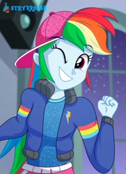 Size: 1086x1500 | Tagged: safe, artist:steyrrdash, derpibooru exclusive, rainbow dash, human, equestria girls, g4, baseball cap, cap, clothes, hat, indoors, jacket, multicolored hair, rainbow hair, solo, tomboy