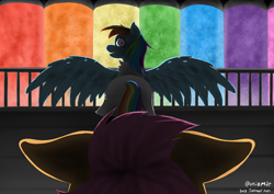 Size: 3508x2480 | Tagged: safe, artist:uniomie, rainbow dash, scootaloo, pegasus, pony, fanfic:rainbow factory, g4, clothes, creepypasta, evil, fanart, fanfic art, inktober, inktober 2024, lab coat, rainbow, rainbow factory dash, scared