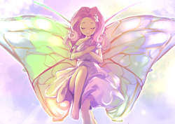 Size: 3508x2480 | Tagged: safe, artist:izuchi, fluttershy, butterfly, human, equestria girls, g4, eyes closed, female, solo